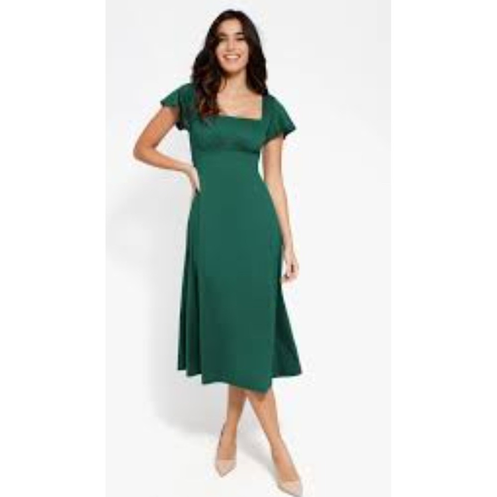 Popilush Emerald Green A Line Midi Dress Sz L shapewear Liner Flutter Sleeve